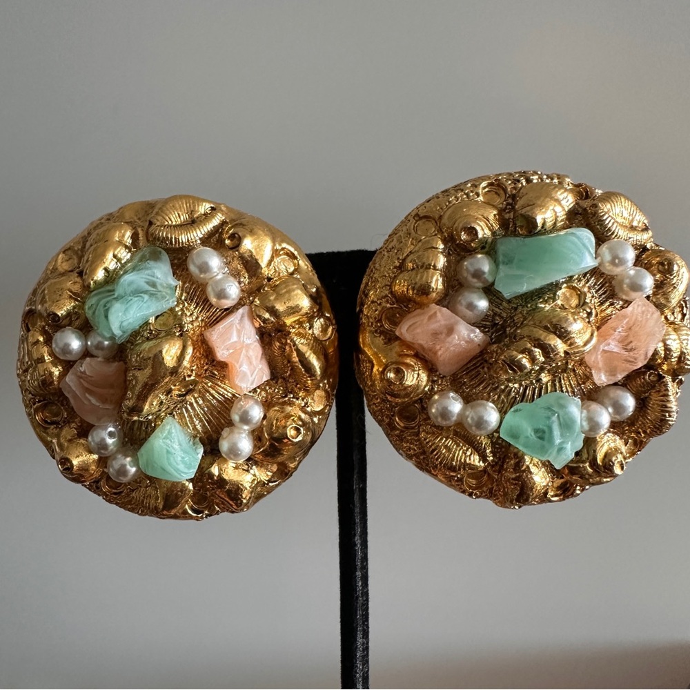 Gold Cluster Earrings with Mint Green and Peach Accents